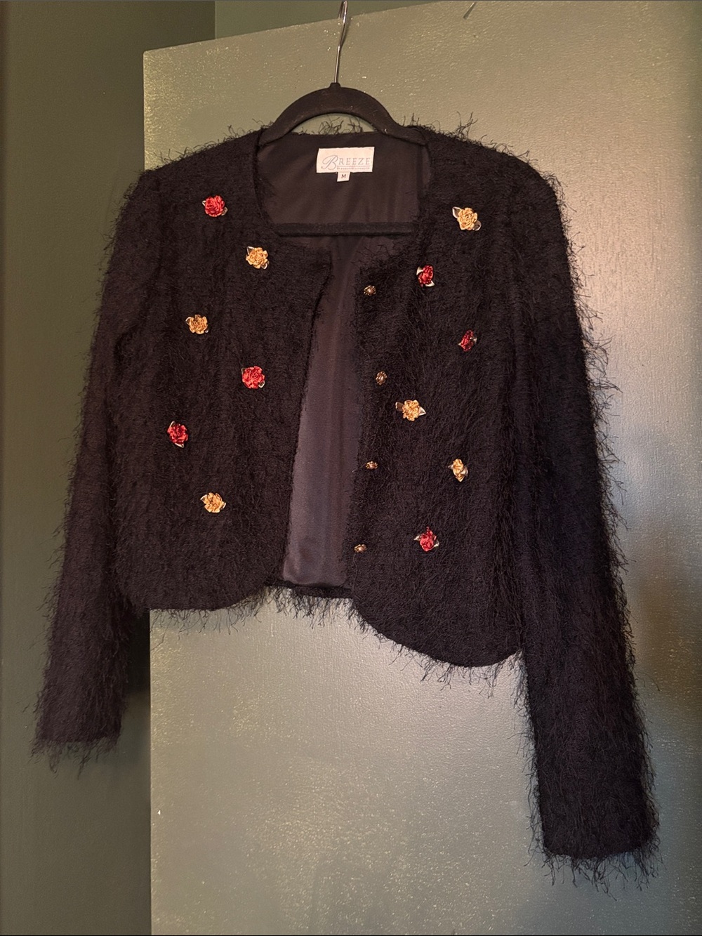 Black Fuzzy Cropped Blazer with Red & Gold Floral Accents